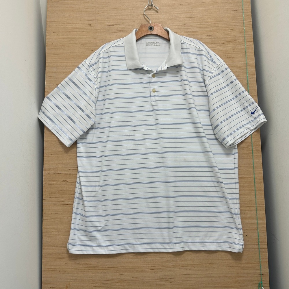 Nike Golf Fit Dry Striped Polo Shirt Mens XL White Blue Short Sleeve Swoosh